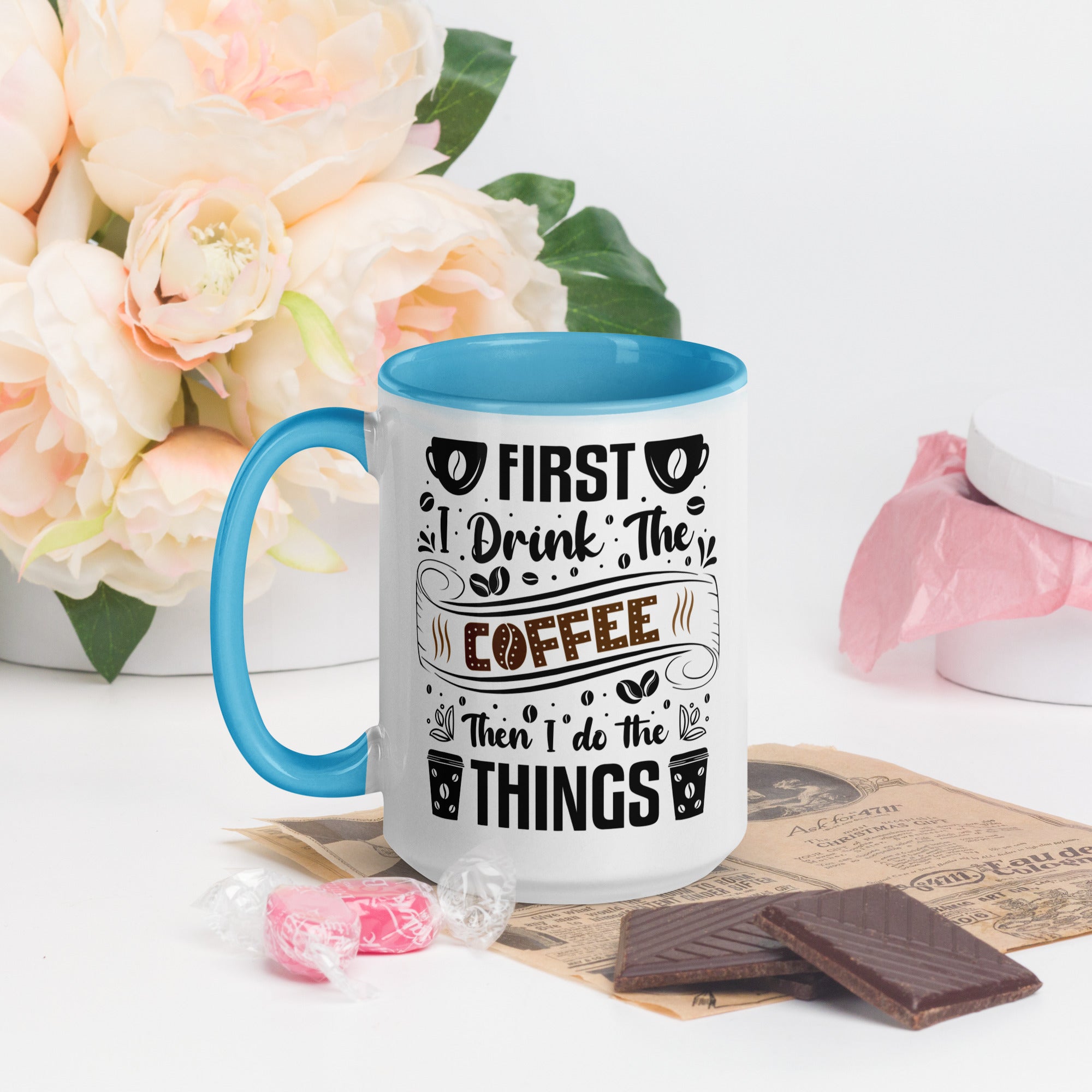 Two-Tone Ceramic Mug - Drinking Coffee (First I Drink The Coffee) - Blue - 15oz - Left Side