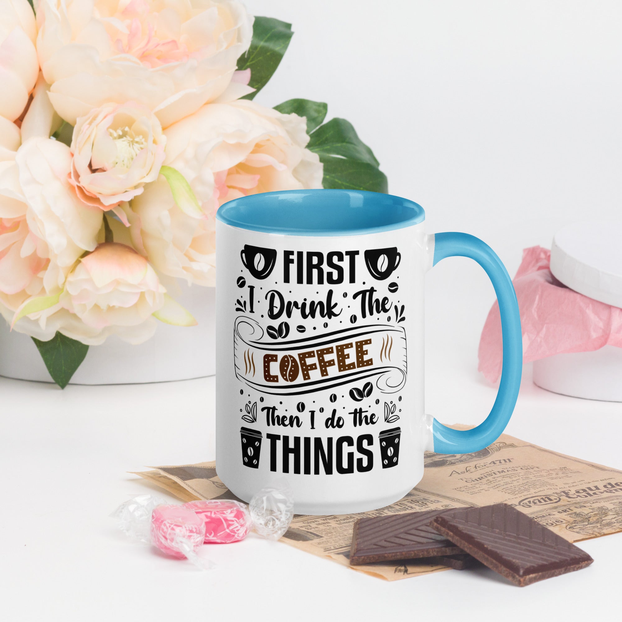 Two-Tone Ceramic Mug - Drinking Coffee (First I Drink The Coffee) - Blue - 15oz - Right Side