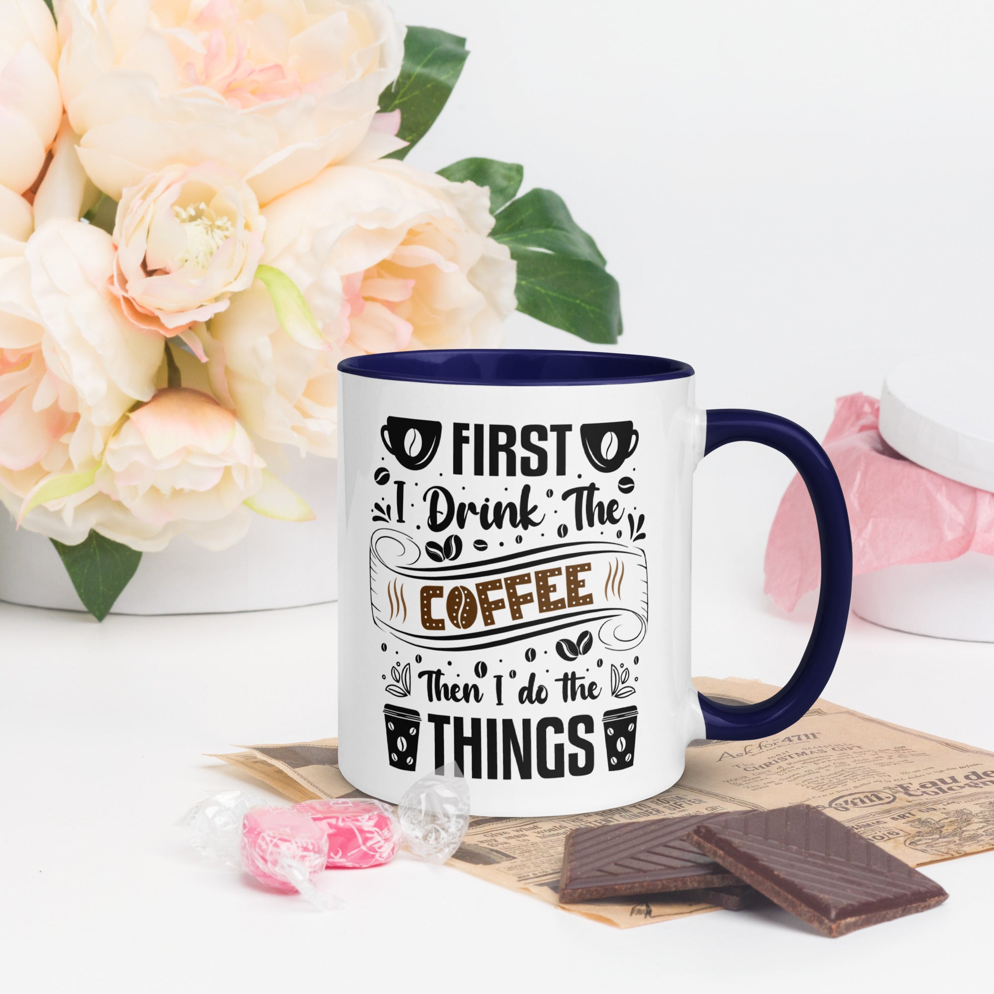 Two-Tone Ceramic Mug - Drinking Coffee (First I Drink The Coffee) - Dark Blue - 11oz - Right Side