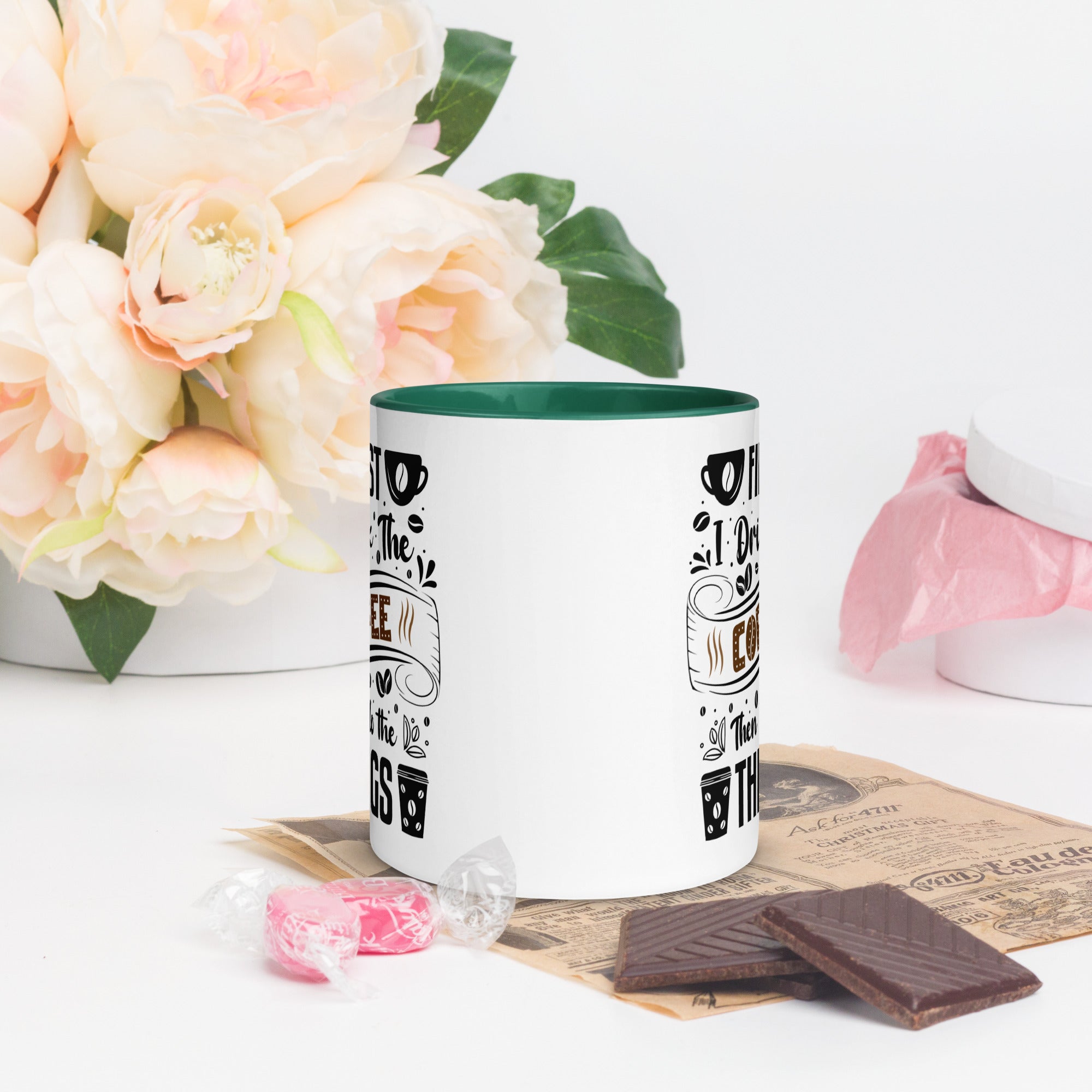 Two-Tone Ceramic Mug - Drinking Coffee (First I Drink The Coffee) - Dark Green - 11oz - Front Side