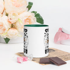 Two-Tone Ceramic Mug - Drinking Coffee (First I Drink The Coffee) - Dark Green - 11oz - Front Side