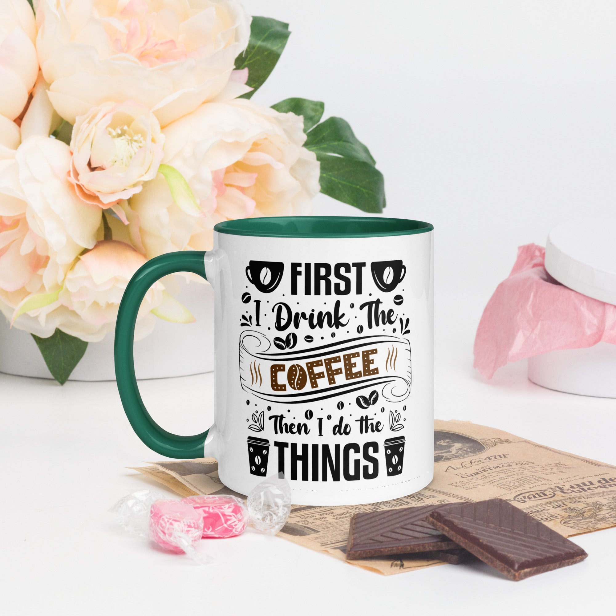 Two-Tone Ceramic Mug - Drinking Coffee (First I Drink The Coffee) - Dark Green - 11oz - Left Side