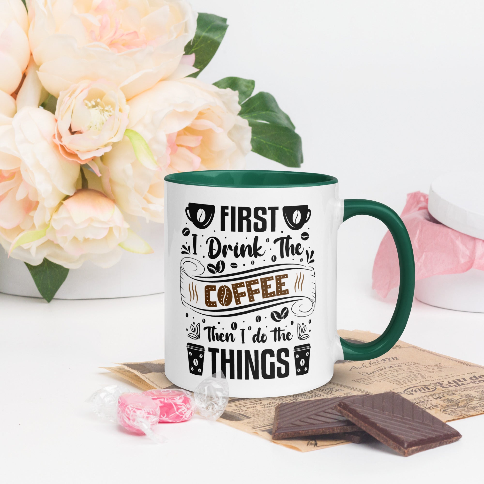 Two-Tone Ceramic Mug - Drinking Coffee (First I Drink The Coffee) - Dark Green - 11oz - Right Side