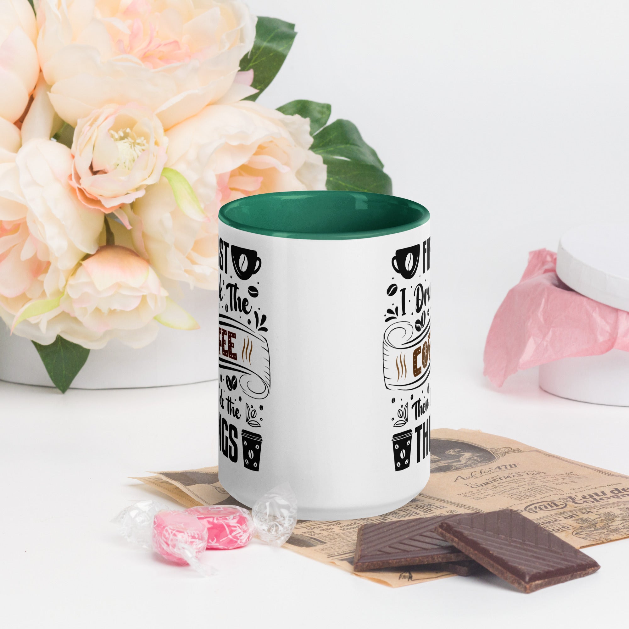 Two-Tone Ceramic Mug - Drinking Coffee (First I Drink The Coffee) - Dark Green - 15oz - Front Side