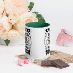 Two-Tone Ceramic Mug - Drinking Coffee (First I Drink The Coffee) - Dark Green - 15oz - Front Side