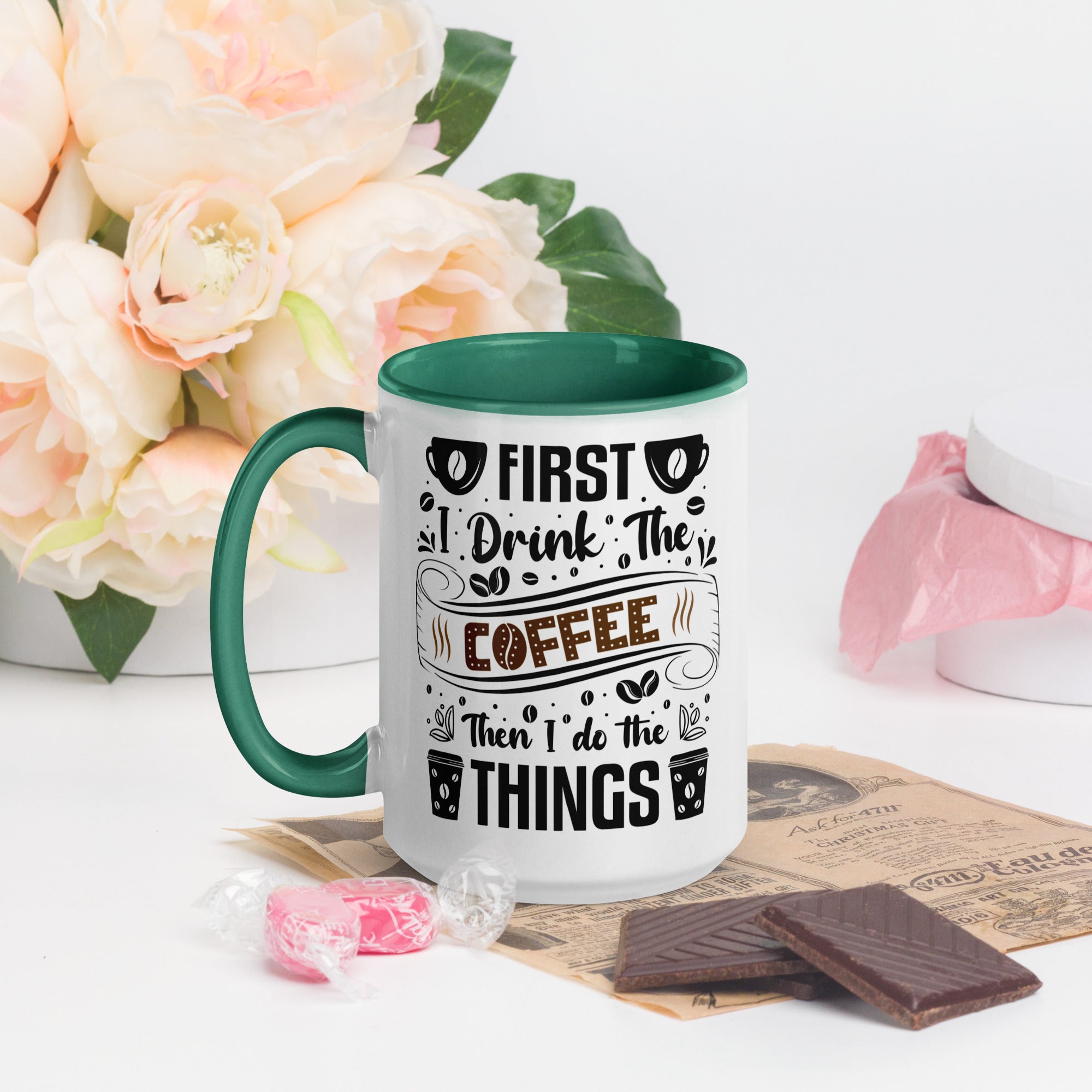 Two-Tone Ceramic Mug - Drinking Coffee (First I Drink The Coffee) - Dark Green - 15oz - Left Side