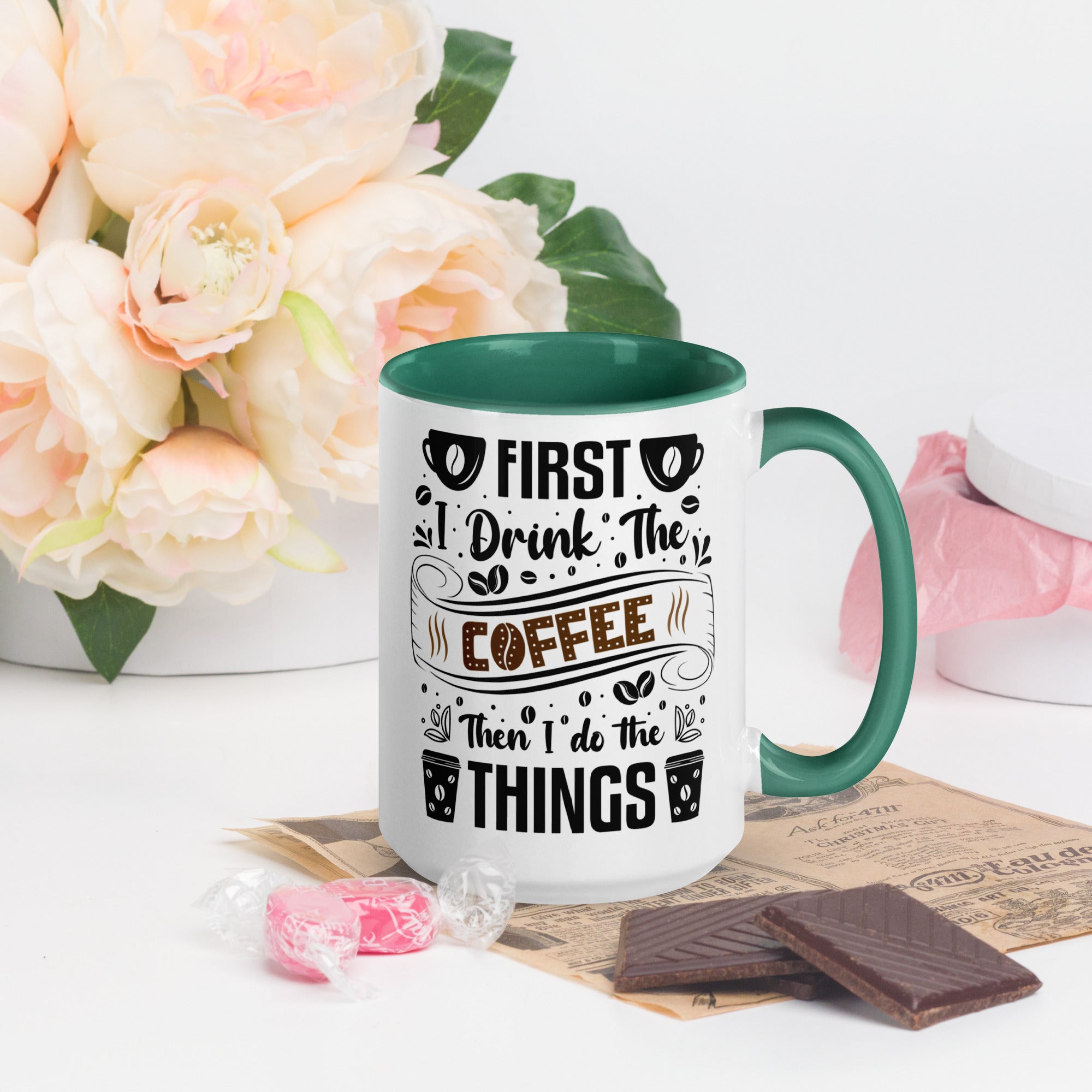 Two-Tone Ceramic Mug - Drinking Coffee (First I Drink The Coffee) - Dark Green - 15oz - Right Side