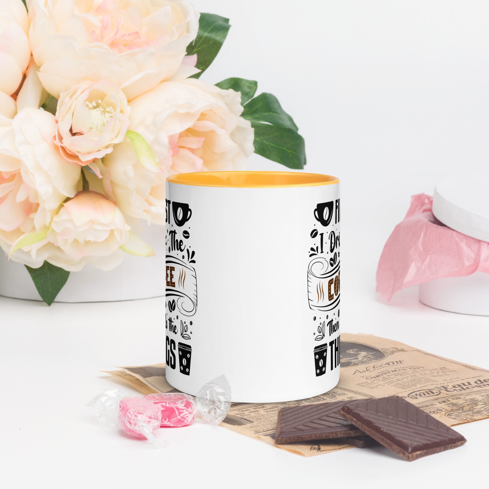 Two-Tone Ceramic Mug - Drinking Coffee (First I Drink The Coffee) - Golden Yellow - 11oz - Front Side