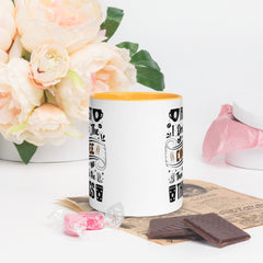 Two-Tone Ceramic Mug - Drinking Coffee (First I Drink The Coffee) - Golden Yellow - 11oz - Front Side