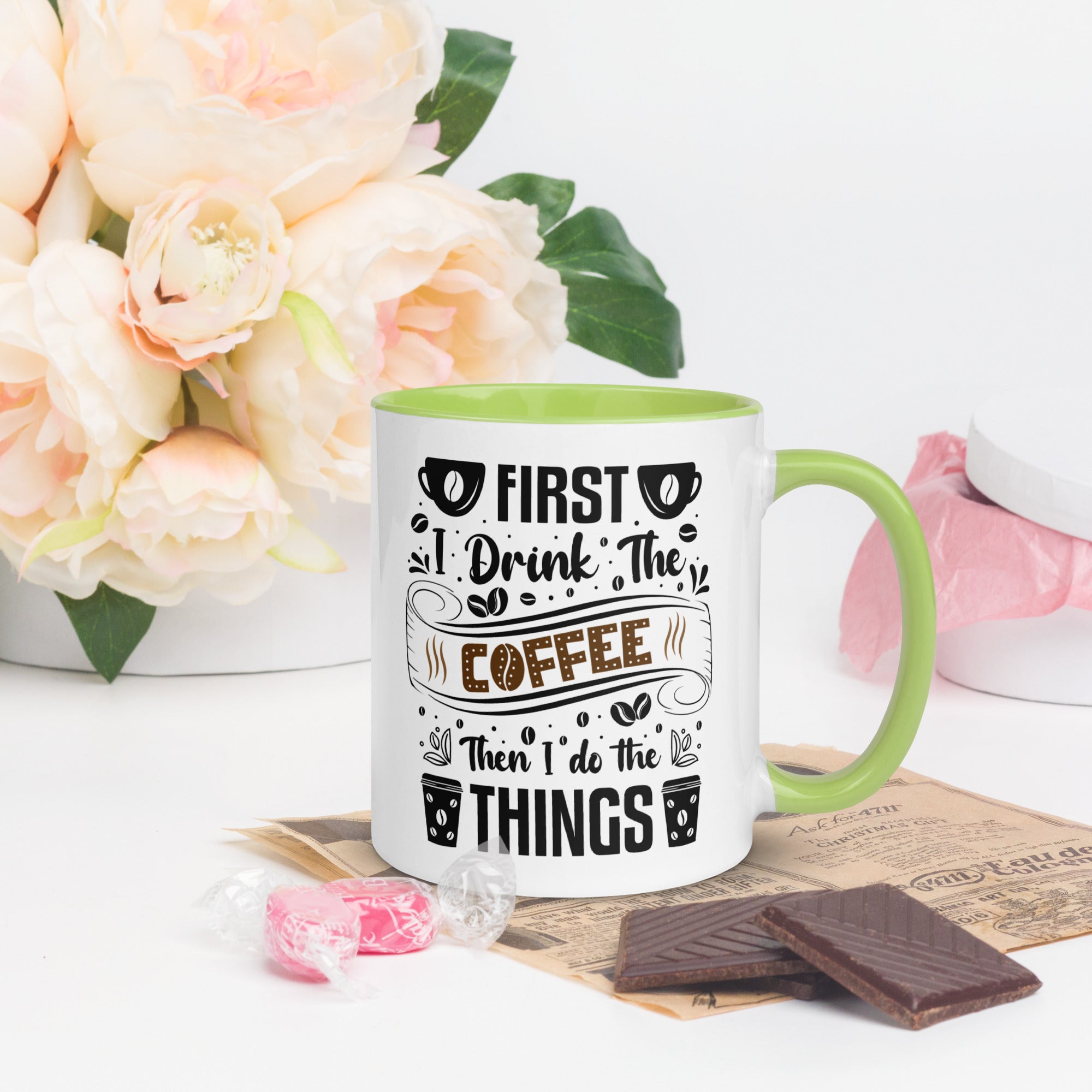 Two-Tone Ceramic Mug - Drinking Coffee (First I Drink The Coffee) - Green - 11oz - Right Side