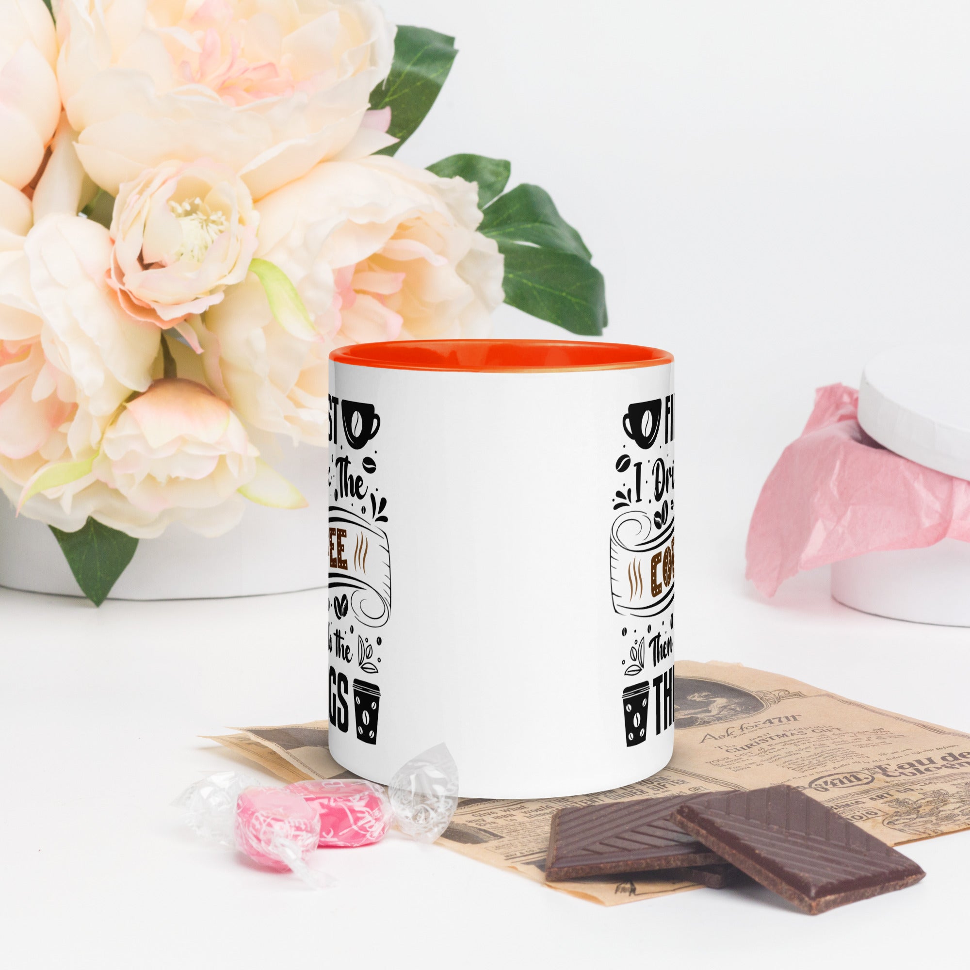 Two-Tone Ceramic Mug - Drinking Coffee (First I Drink The Coffee) - Orange - 11oz - Front Side