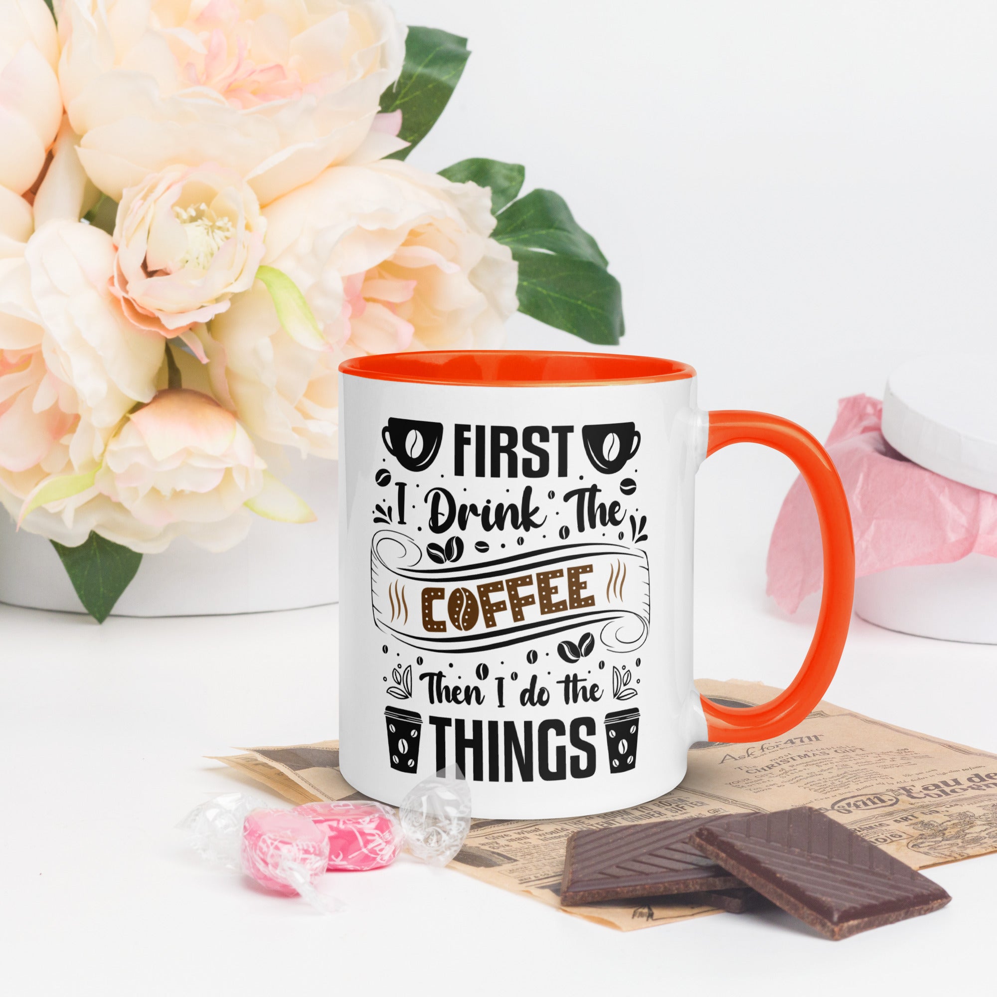 Two-Tone Ceramic Mug - Drinking Coffee (First I Drink The Coffee) - Orange - 11oz - Right Side