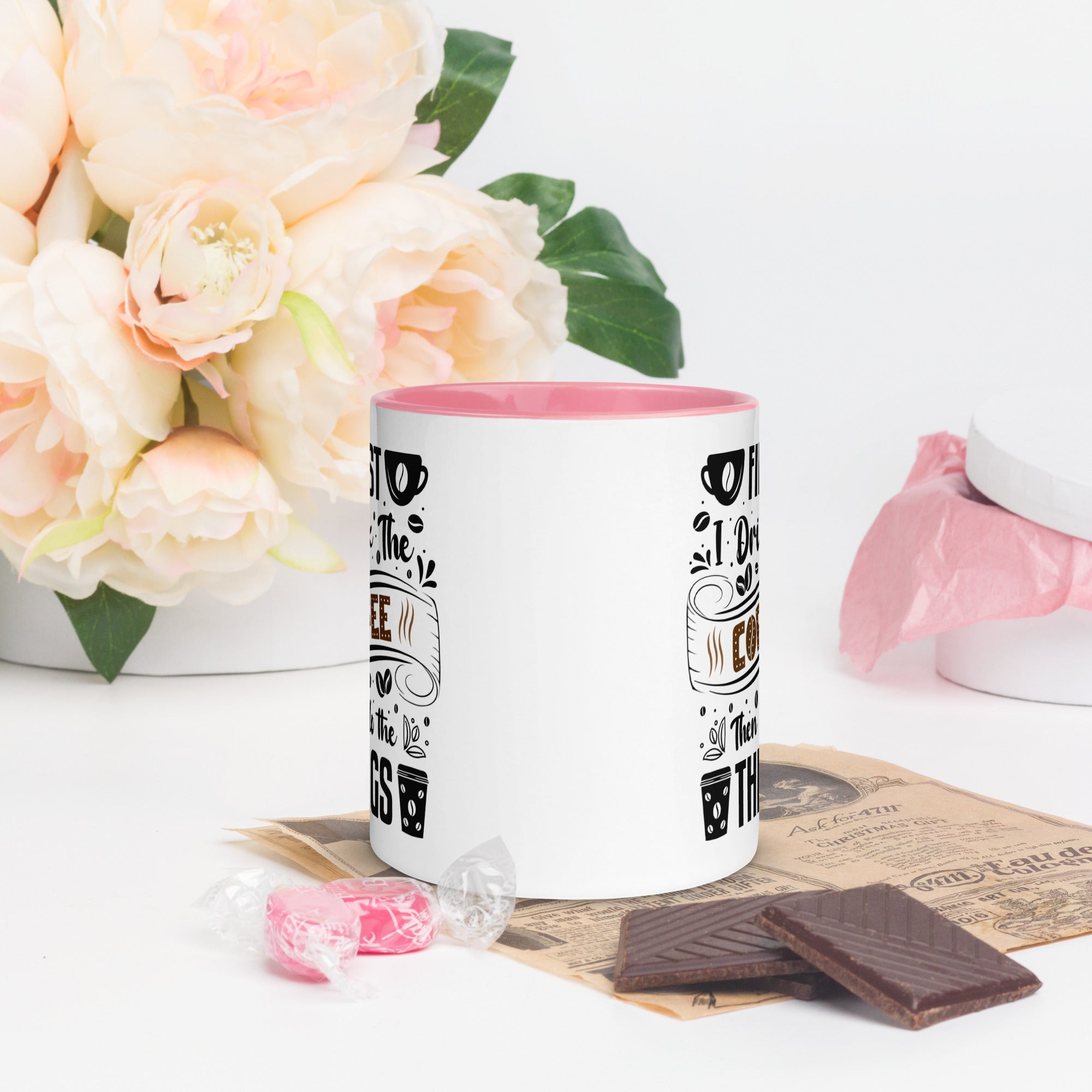 Two-Tone Ceramic Mug - Drinking Coffee (First I Drink The Coffee) - Pink - 11oz - Front Side