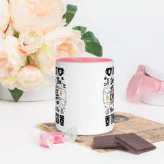 Two-Tone Ceramic Mug - Drinking Coffee (First I Drink The Coffee) - Pink - 11oz - Front Side