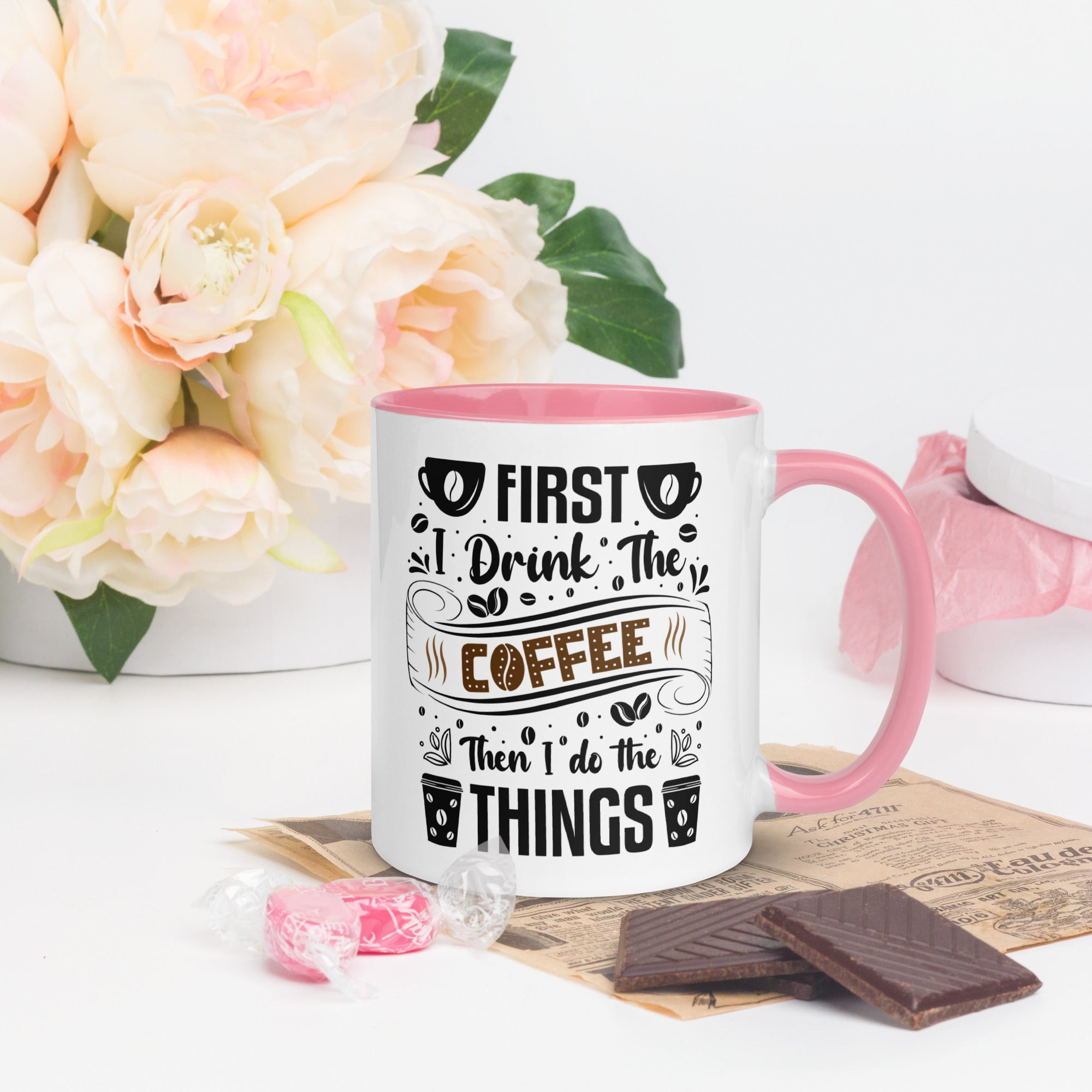 Two-Tone Ceramic Mug - Drinking Coffee (First I Drink The Coffee) - Pink - 11oz - Right Side