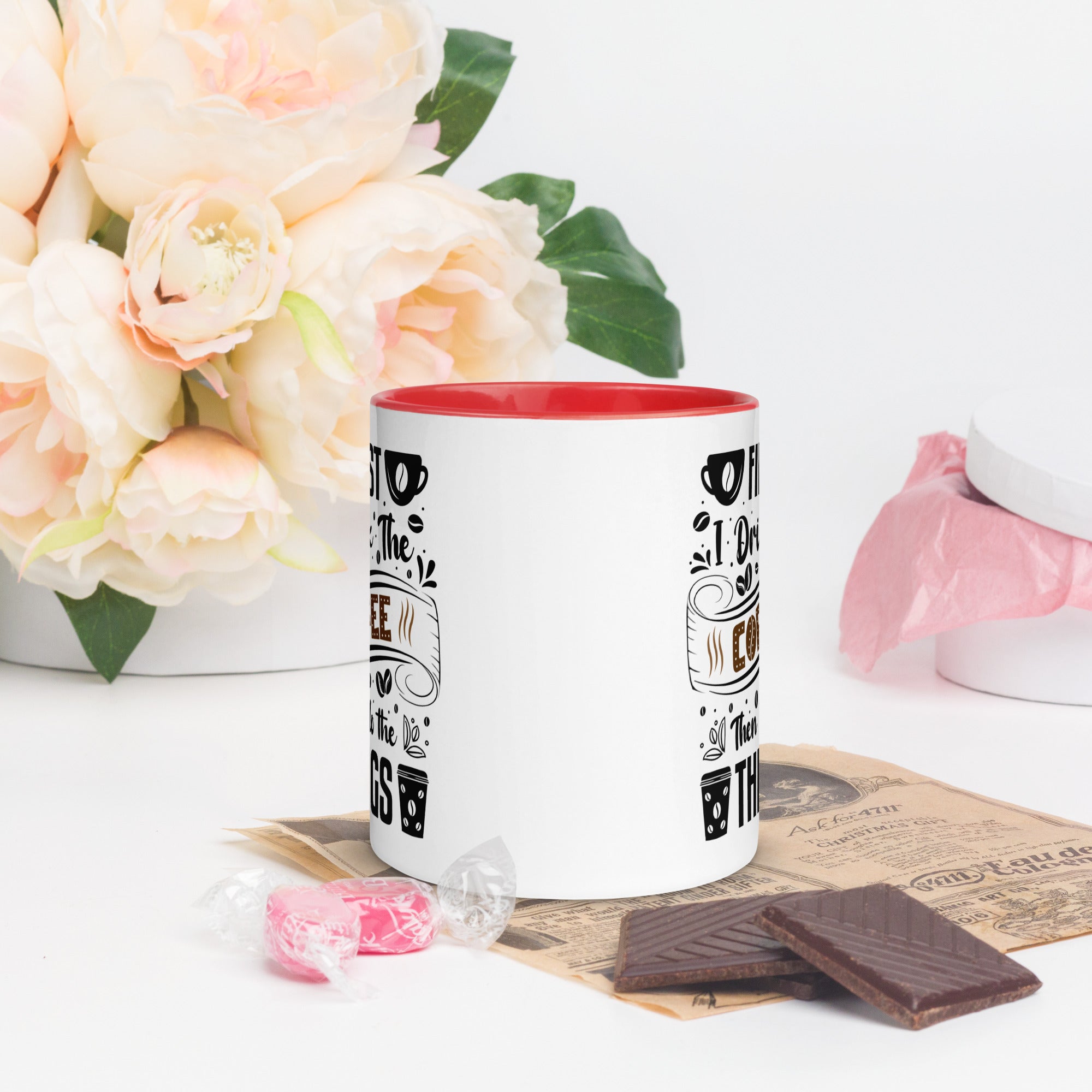 Two-Tone Ceramic Mug - Drinking Coffee (First I Drink The Coffee) - Red - 11oz - Front Side