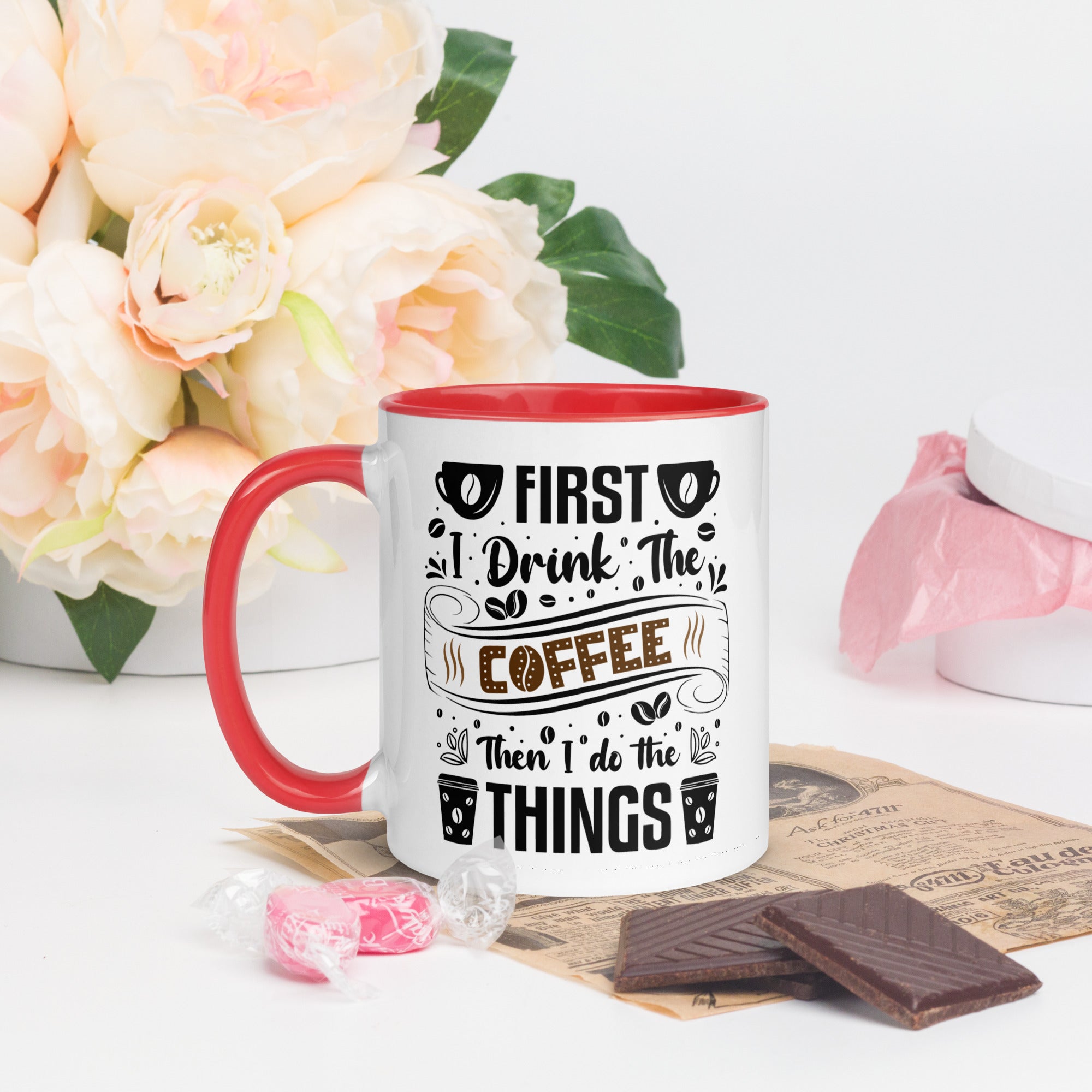 Two-Tone Ceramic Mug - Drinking Coffee (First I Drink The Coffee) - Red - 11oz - Left Side