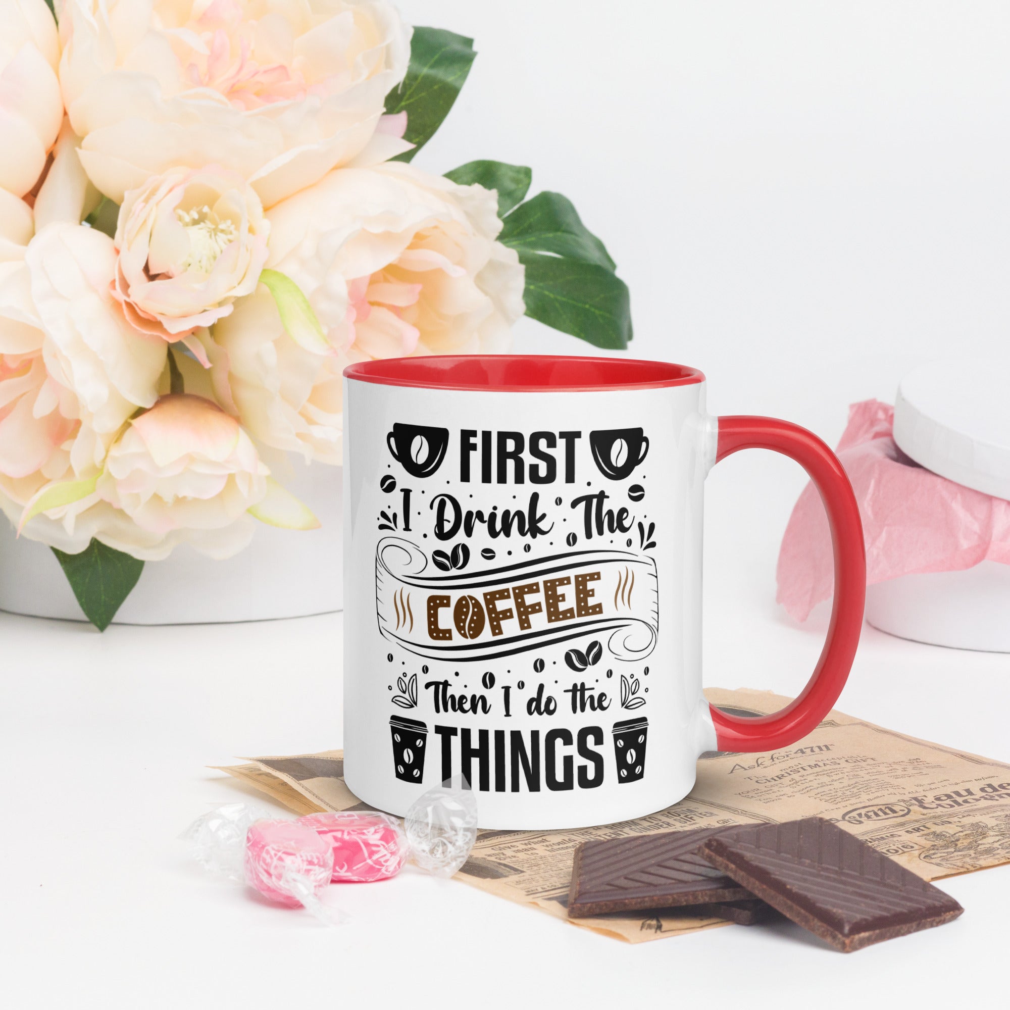 Two-Tone Ceramic Mug - Drinking Coffee (First I Drink The Coffee) - Red - 11oz - Right Side