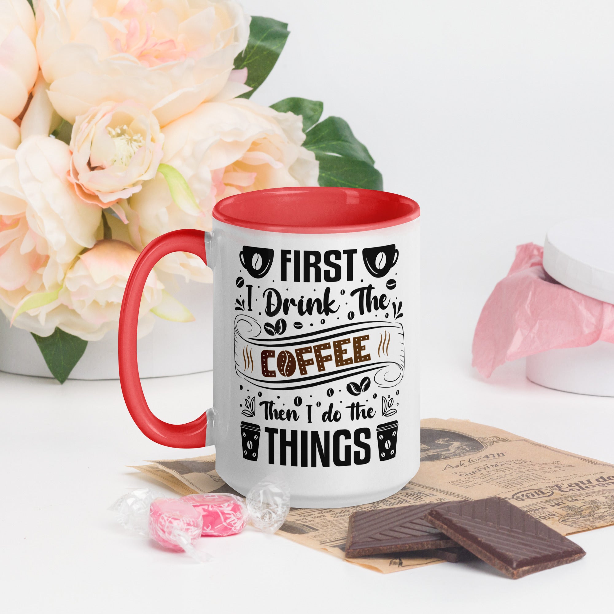 Two-Tone Ceramic Mug - Drinking Coffee (First I Drink The Coffee) - Red - 15oz - Left Side