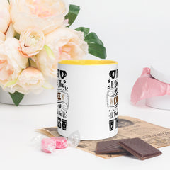 Two-Tone Ceramic Mug - Drinking Coffee (First I Drink The Coffee) - Yellow - 11oz - Front Side